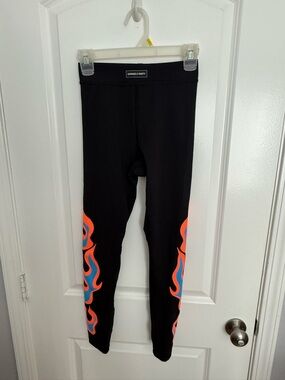 Savage X Fenty Black Leggings with Neon Blue & Orange Flame Detail